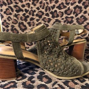 Franco Sarto Harlet 3 - Perforated Suede Sandal w/Block Heel - Olive, Size 8.5